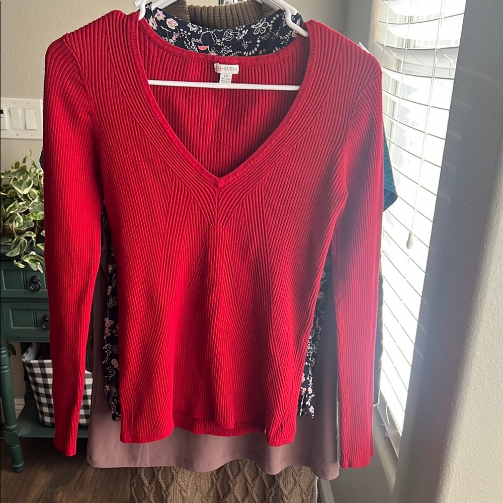 Guess - Vibrant Red Ribbed Long Sleeve Top